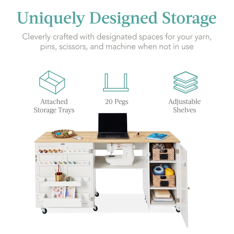 Large Folding Sewing & Craft Table with Storage, Magnetic Doors, Wheels