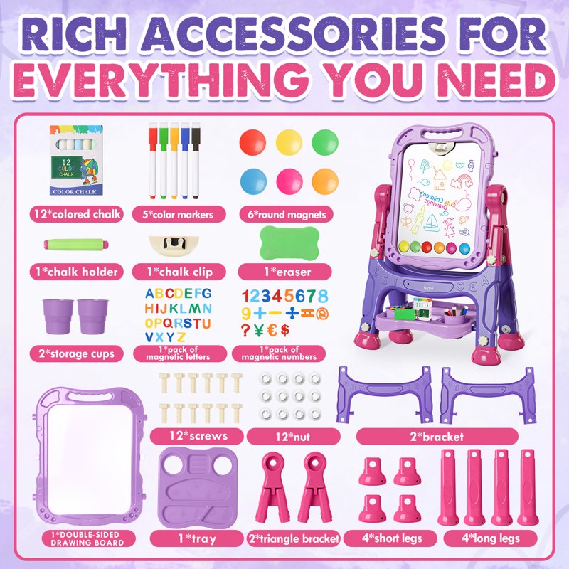 Kids Art Easel 4-in-1 Double-Sided Magnetic Chalkboard & Whiteboard Adjustable Height Purple