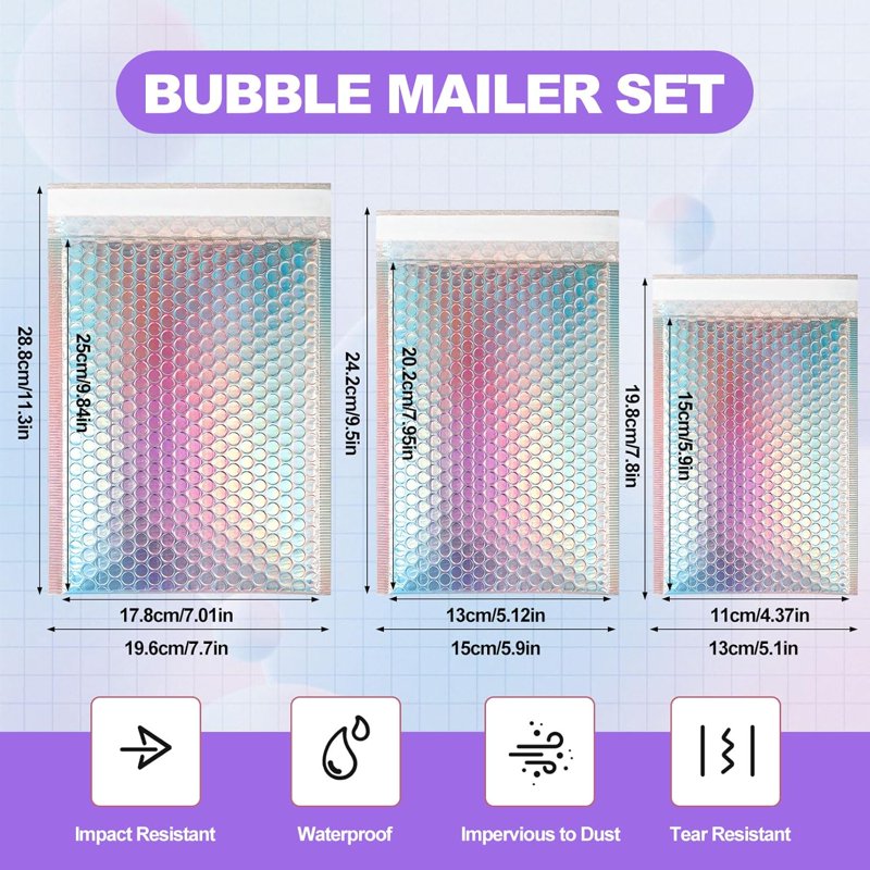 Metallic Bubble Mailers 50 Pcs with Thank You Cards & Stickers - Holographic Self-Sealing Envelopes for Small Business Shipping