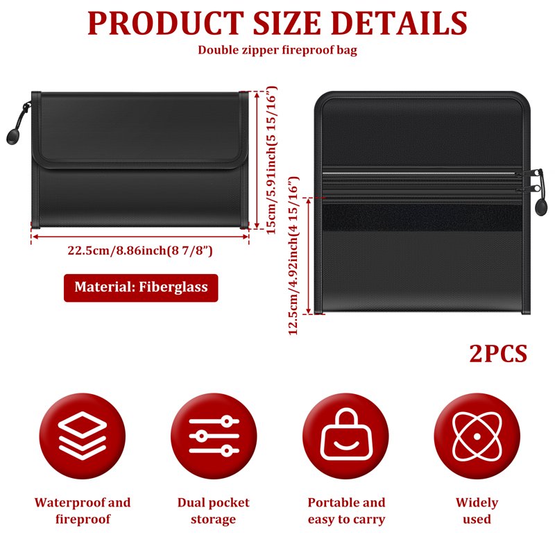Fireproof Document Bag Set - Waterproof & Fire-Resistant Storage for Cash, Passports & Valuables, 2 Pieces