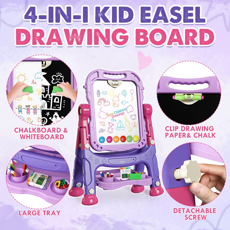 Kids Art Easel 4-in-1 Double-Sided Magnetic Chalkboard & Whiteboard Adjustable Height Purple