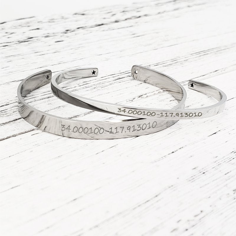 Personalized Couple's Engravable Coordinates Bracelets Set - Matching Silver, Gold or Rose Gold Bangles with Gift Box