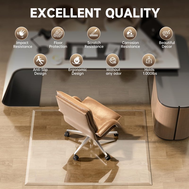 Clear Tempered Glass Chair Mat for Carpet & Hardwood Floors - Beveled Edges Office Desk Protector