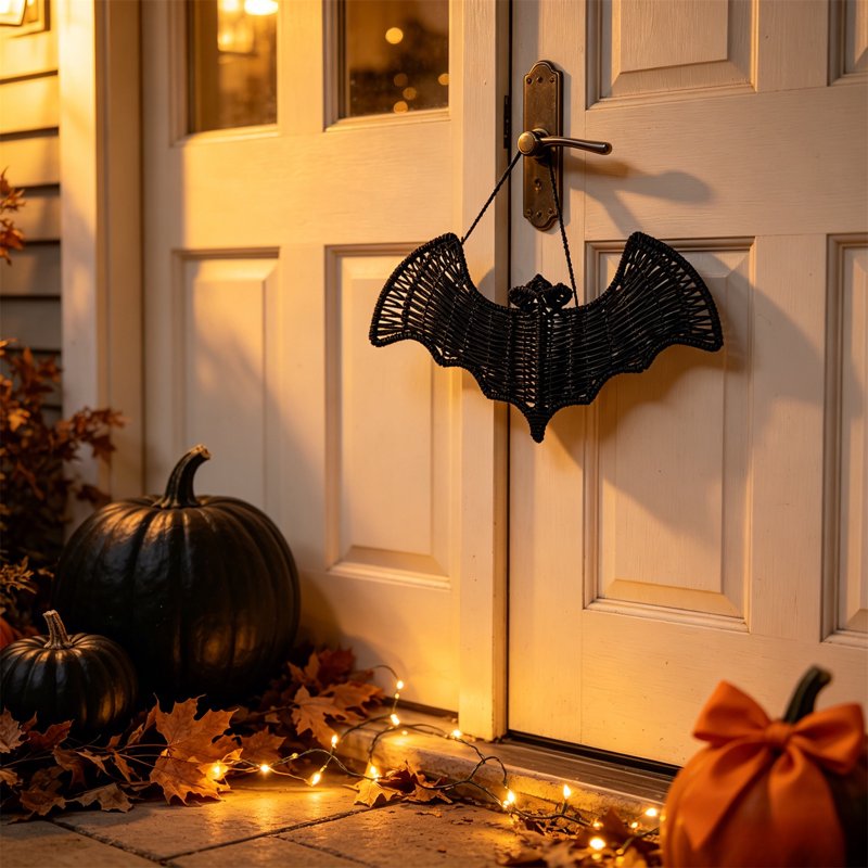Woven Bat Wall Decor Halloween Hanging Ornament Black Rattan Indoor Outdoor Wall Art