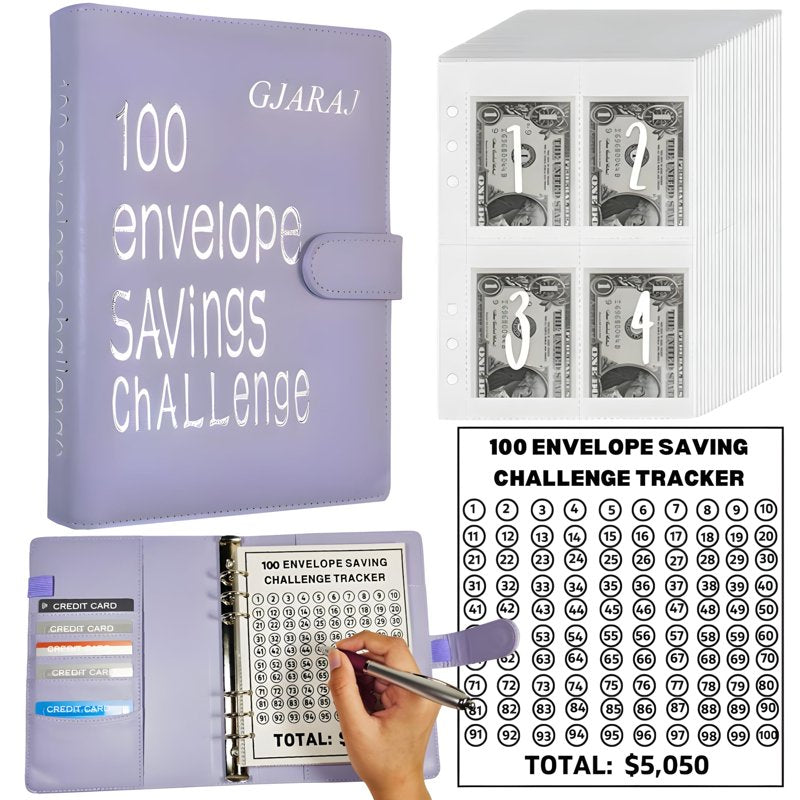 A5 Money Saving Challenge Binder with 100 Cash Envelopes - Purple Faux Leather