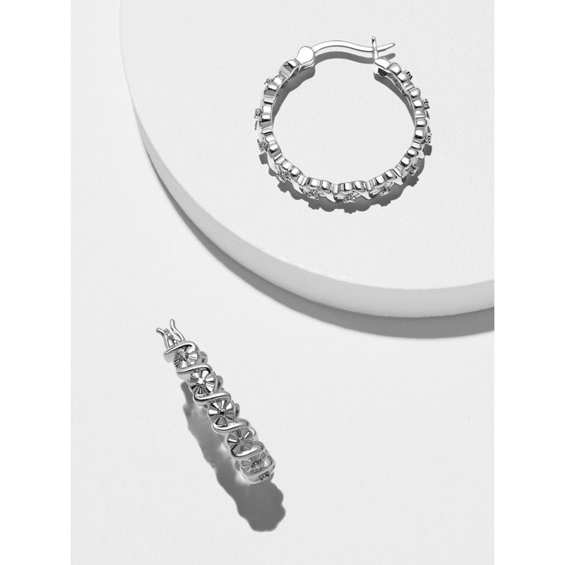 Silver Tone Hoop Earrings with Diamond Accent and S-Link Design