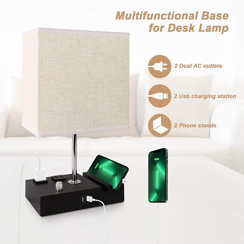Dimmable Bedside Table Lamp with Dual USB Charging Ports - Modern Nightstand Light