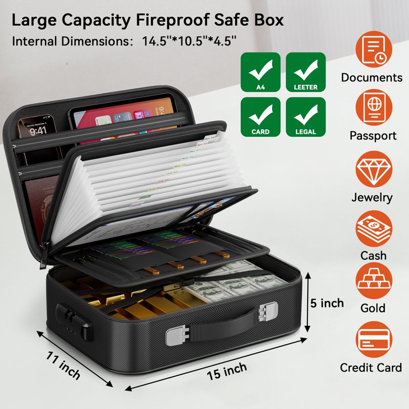 Fireproof Document Safe Box with Lock - Portable Water-Resistant Security Storage