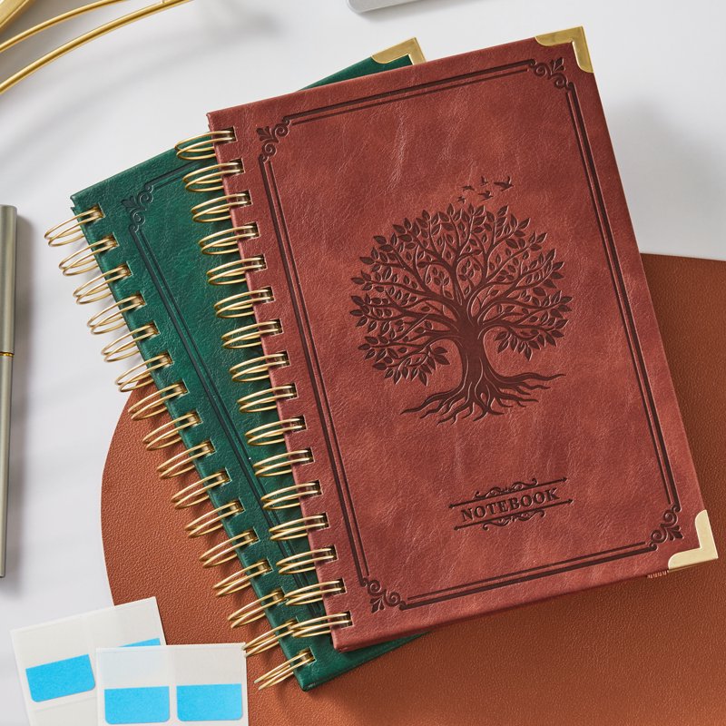 Vintage Leather Notebook A5 Spiral Journal with Tree Embossed Cover, Thick No-Bleed Paper