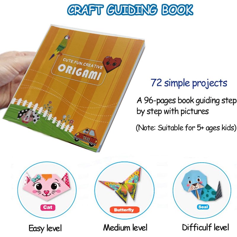 Kids Origami Paper Kit 144 Sheets with 72 Patterns & Guidebook - Colorful Craft Set