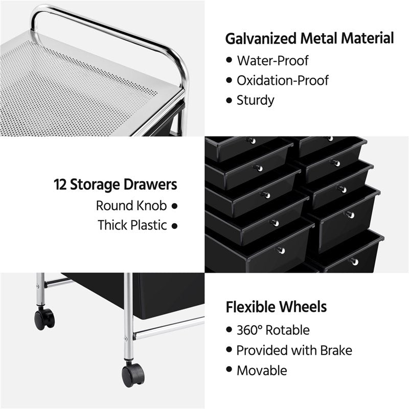 12-Drawer Mobile Storage Cart with Lockable Wheels, Steel Home Office Organizer