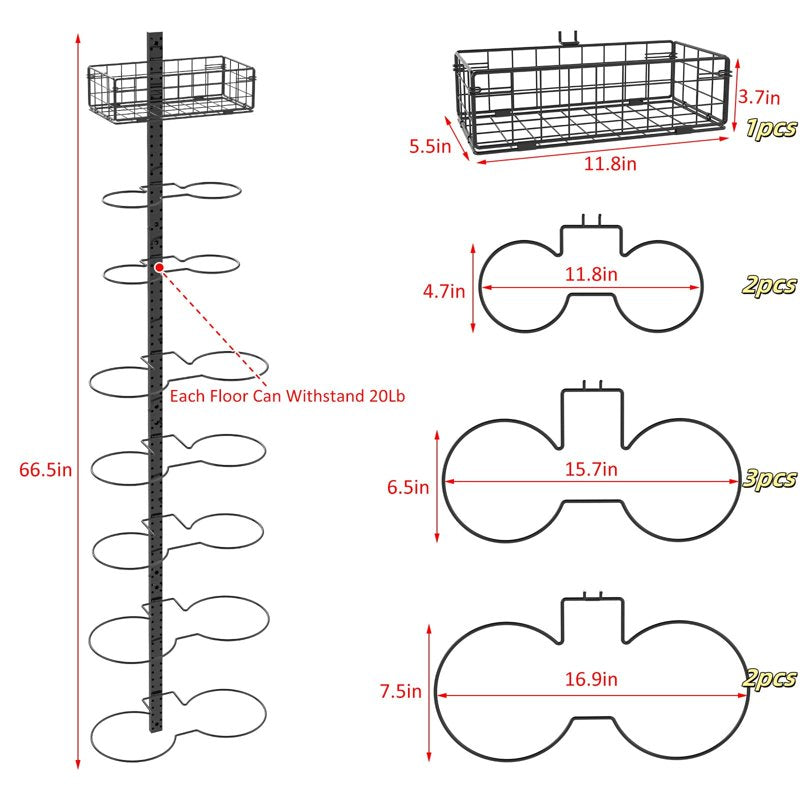 Wall-Mounted & Floor Standing Sports Ball Rack Organizer with Adjustable Hooks