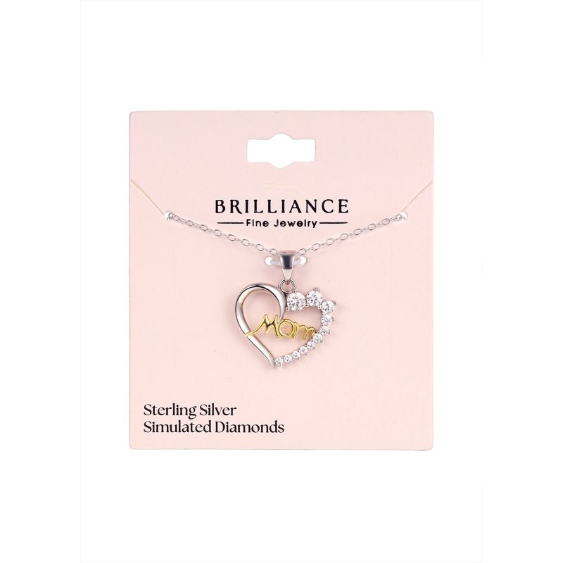Sterling Silver and 14K Gold Flash Mom Heart Necklace with Simulated Diamonds