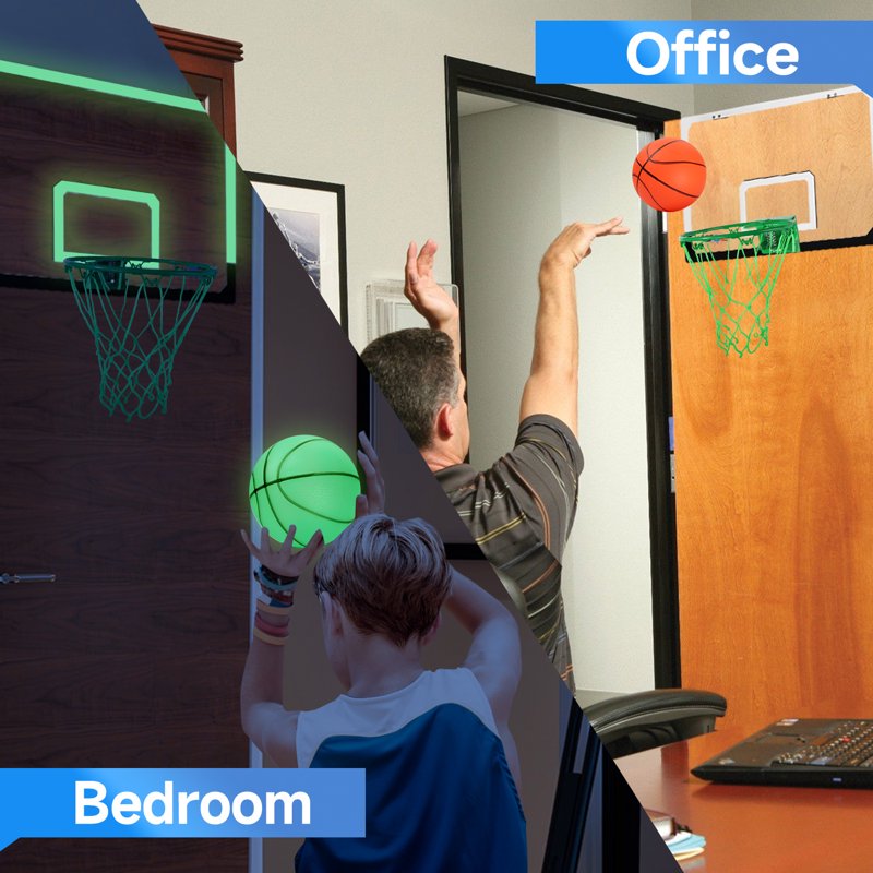 Mini Over-The-Door Basketball Hoop Set with Ball & Pump - Glow in The Dark, Wall-Mounted for Home & Office