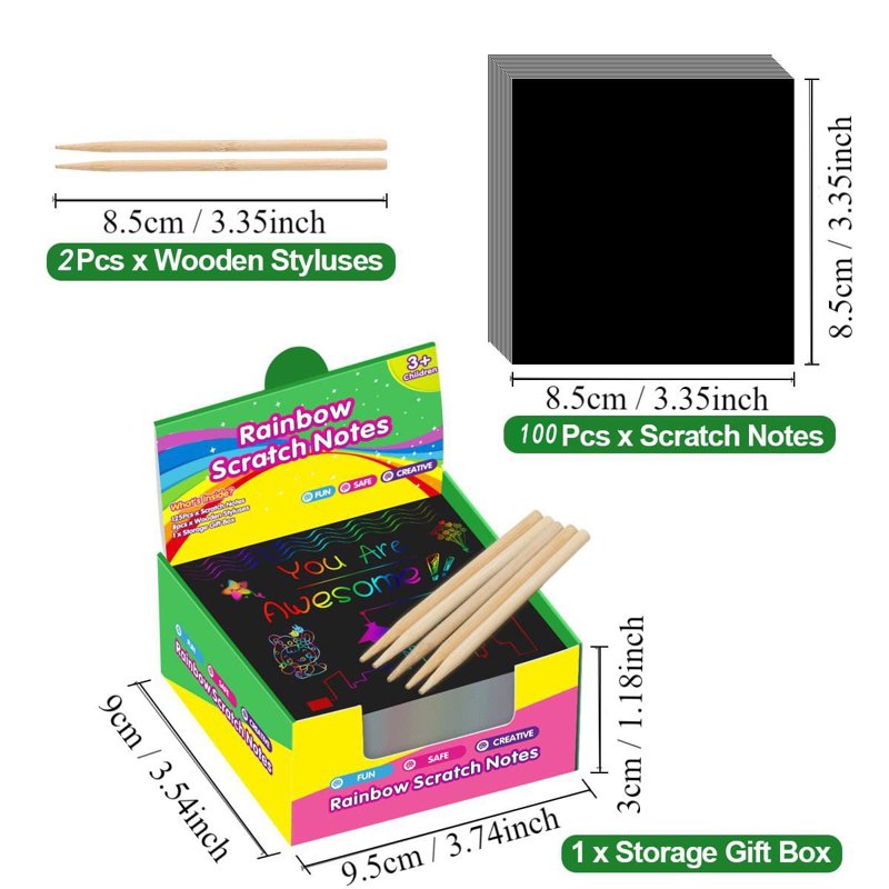 Rainbow Scratch Art Notes Set - 100 Colorful DIY Note Cards for Kids and Craft Projects