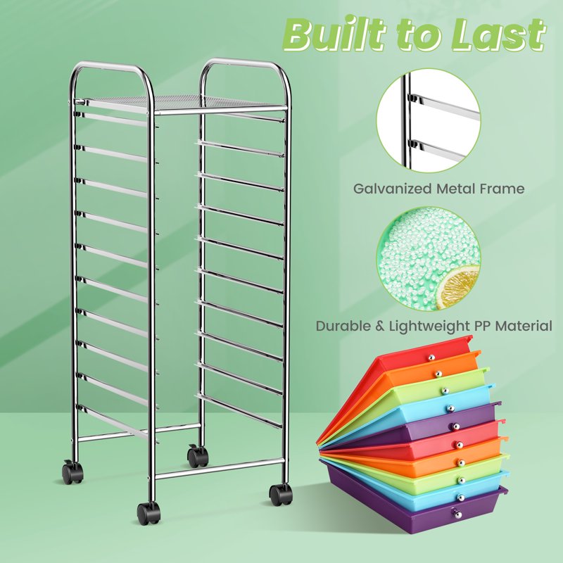 Rolling Storage Cart with 10 Colorful Drawers - Office, Home & School Organizer