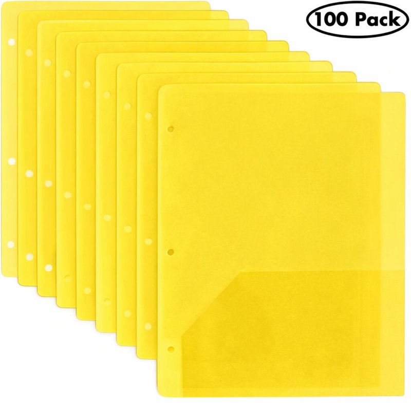 100 Pack Yellow Two-Pocket Plastic Folders with 3-Ring Hole Punch - 11.5 x 9.5 in