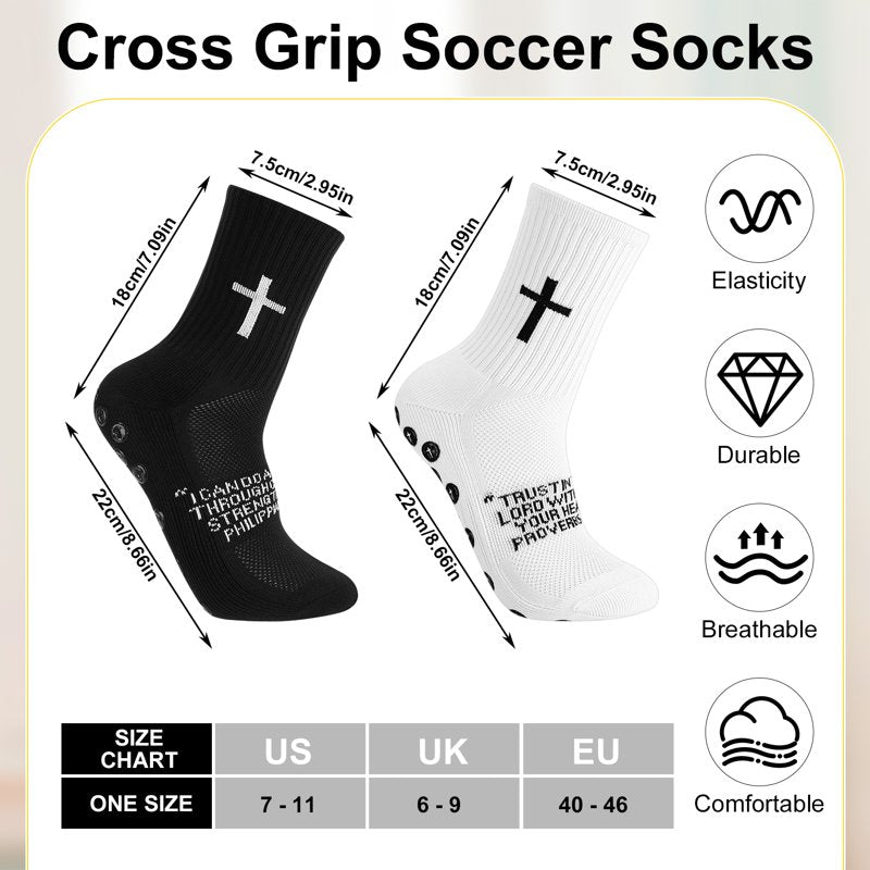 Hengguang 4-Pair Cross Grip Soccer Socks, US 7-11, Anti-Slip Training Socks - White & Black