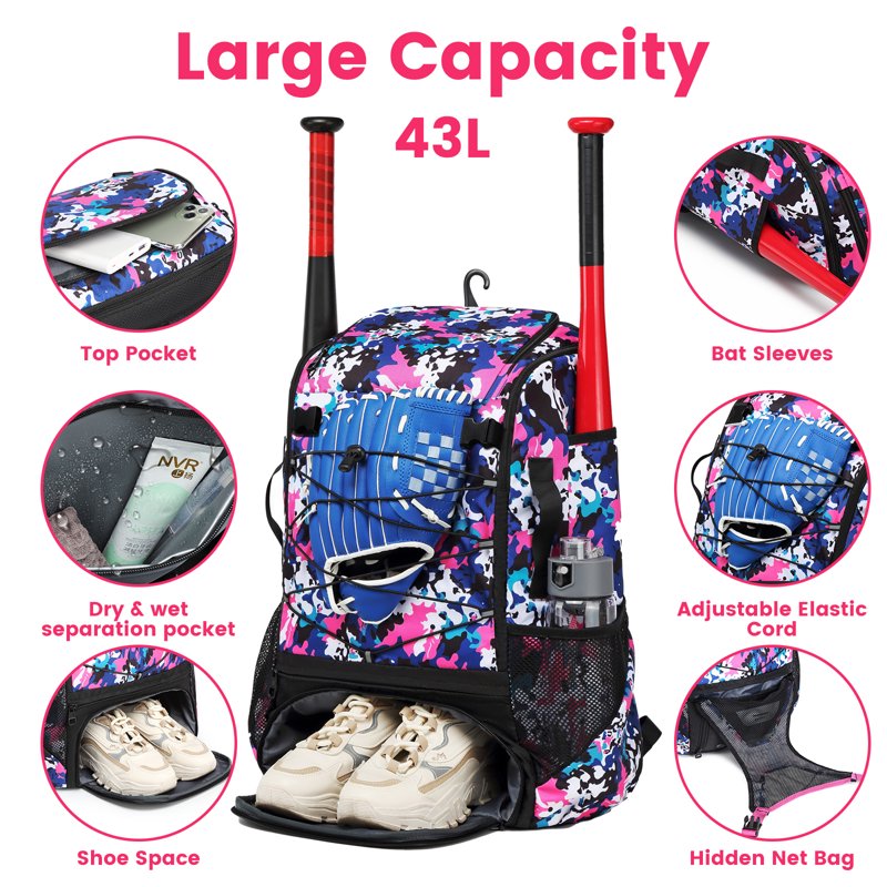 Softball Bag with Fence Hook, Shoe Compartment & Water Bottle Pockets - Youth & Adult Baseball Backpack