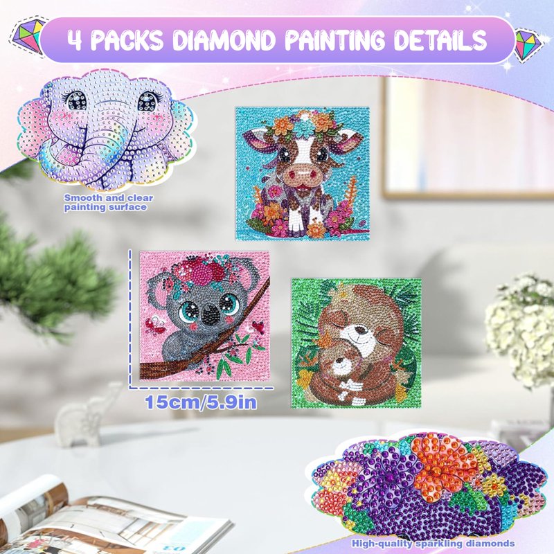 Kids Diamond Painting Kits - 4 Animal-Themed Art Sets for Children Ages 4-12