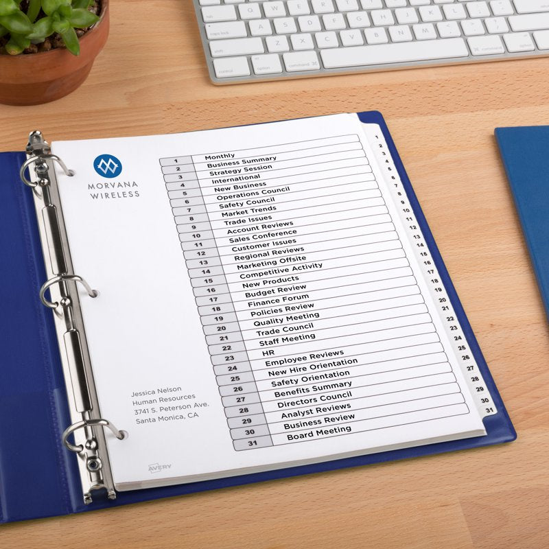 Office Binder Dividers with Tabs - 31 Sections, Reinforced, Printable, 2 Pack