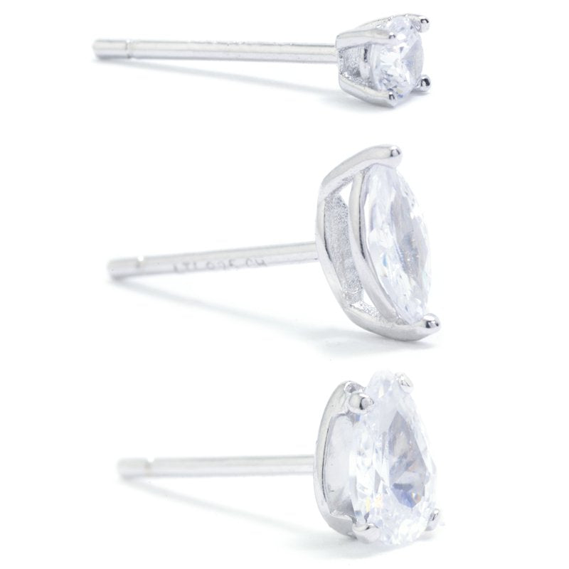 Sterling Silver Cubic Zirconia 3-Piece Stud Earring Set for Women & Teens