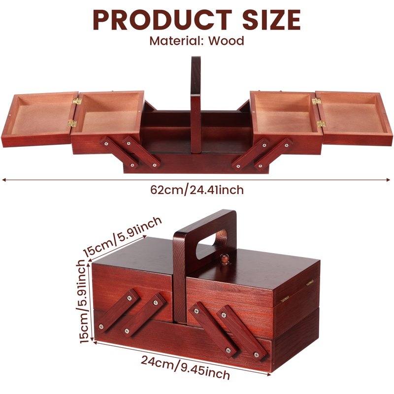 Expandable Wooden Sewing Basket with Handle - Craft Organizer for Travel & Home