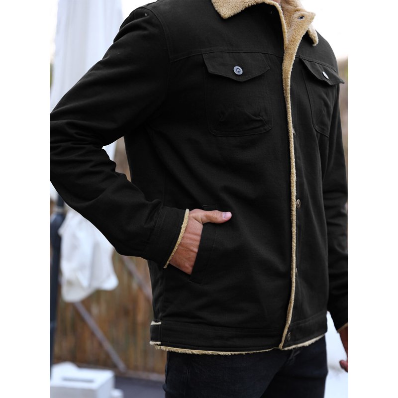 Men's Winter Trucker Jacket Thick Thermal Cotton Warm Fleece Lined Coat with Flap Pockets - Black XL