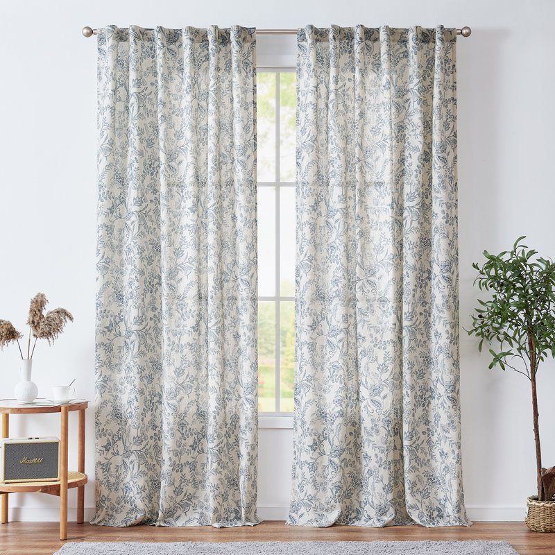 Farmhouse Floral Linen Curtains - Light Filtering Back Tab Window Drapes