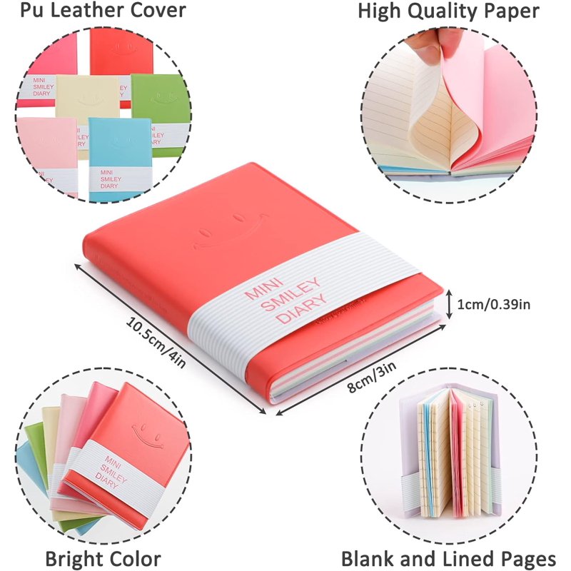 Mini Pocket Notebooks Set - 6 Bright Colors, 100 Pages, Cute Smiley Cover