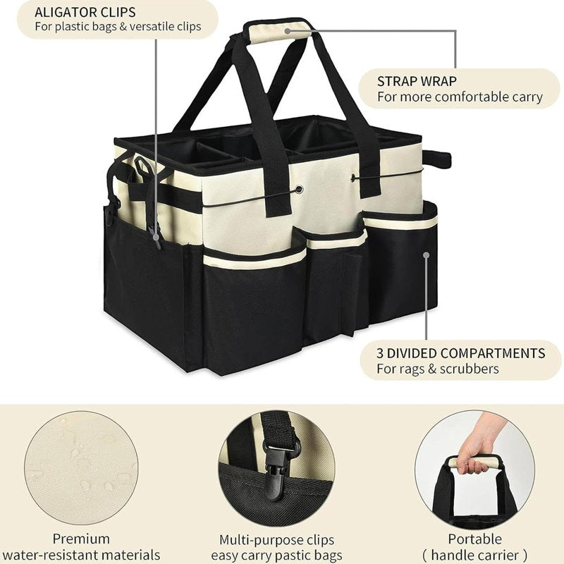 Foldable Cleaning Caddy Bag for Housekeepers with 5 Compartments - Water-Resistant Organizer Tote