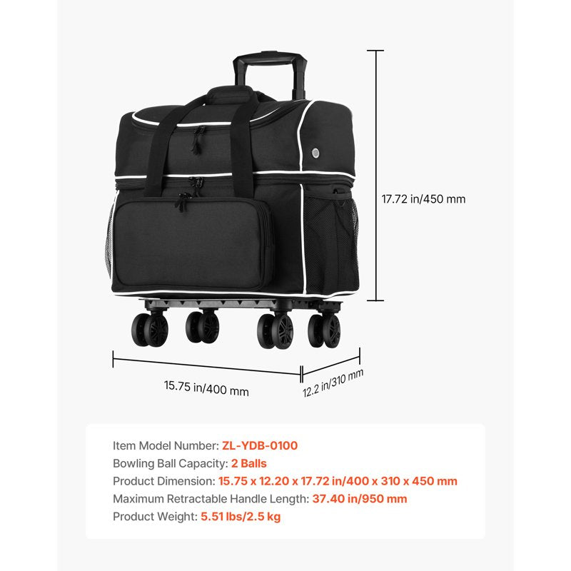 Bowling Ball Bag with Wheels Holds 2 Balls Shoe Compartment & Accessory Pocket