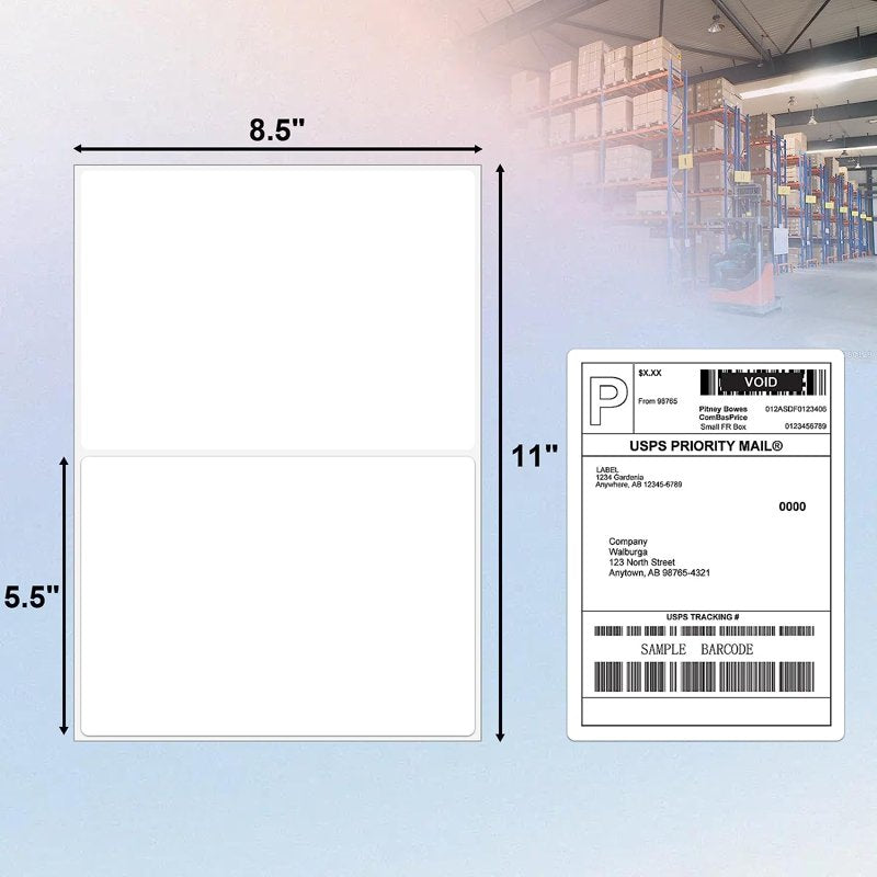 Half Sheet Shipping Labels for Inkjet & Laser Printers - 8.5x5.5 Inches, 200 Labels
