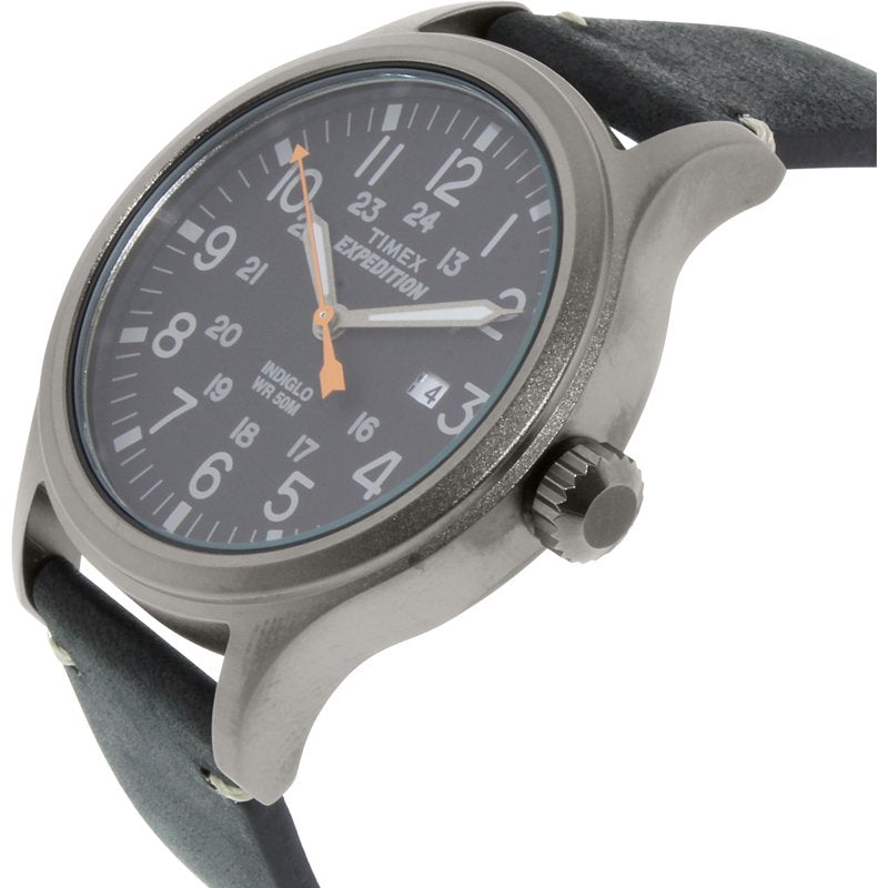 Men's Black Leather Strap Watch with Date and Indiglo Light - 40mm