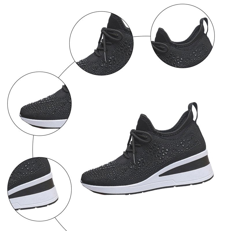 Women’s Sparkly Rhinestone Platform Wedge Sneakers Breathable Mesh Bling Shoes