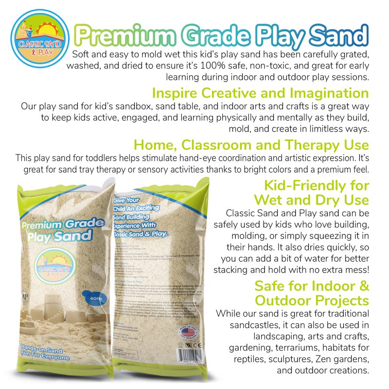 Premium Play Sand for Sandbox and Outdoor Use - 40 lbs & 20 lbs Options