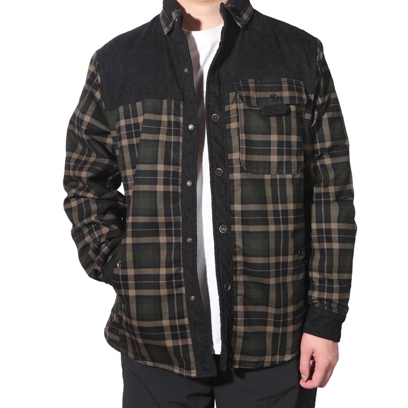 Men's Flannel Plaid Sherpa-Lined Jacket with Snap Buttons, Warm Winter Coat XL (Dark Green)