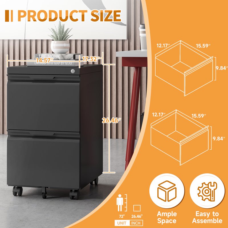 Metal File Cabinet with Lock and Wheels - Home Office Storage, 2-3 Drawer Options
