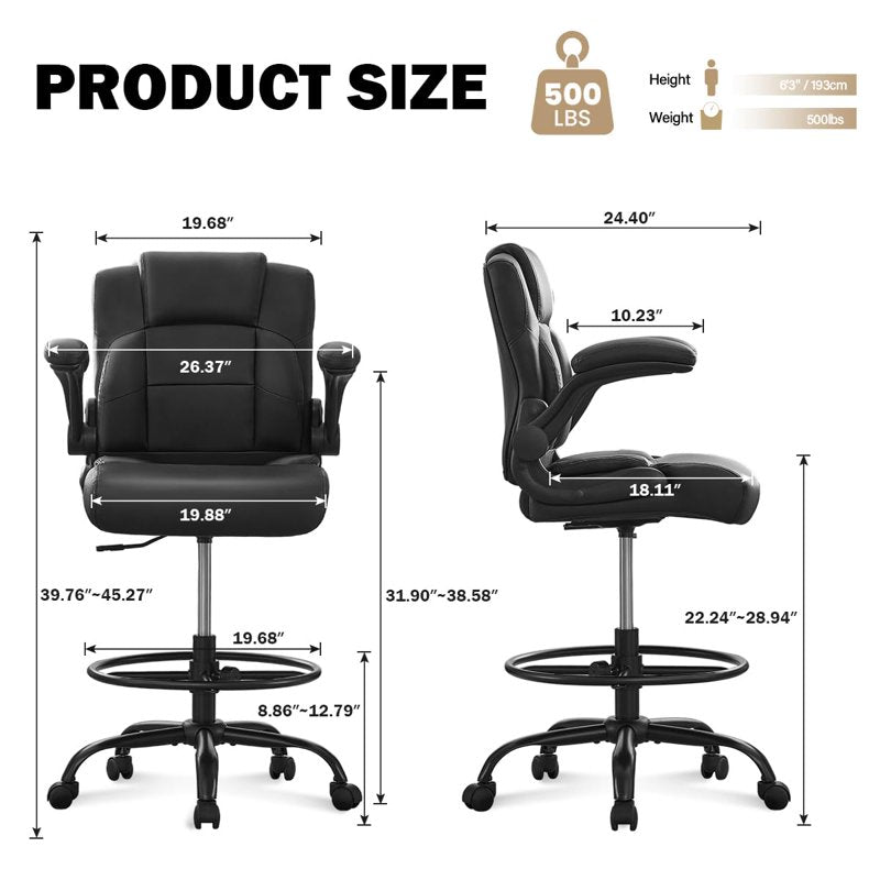 Tall Ergonomic Office Chair for Standing Desks with Adjustable Height & Flip-Up Armrests - Black