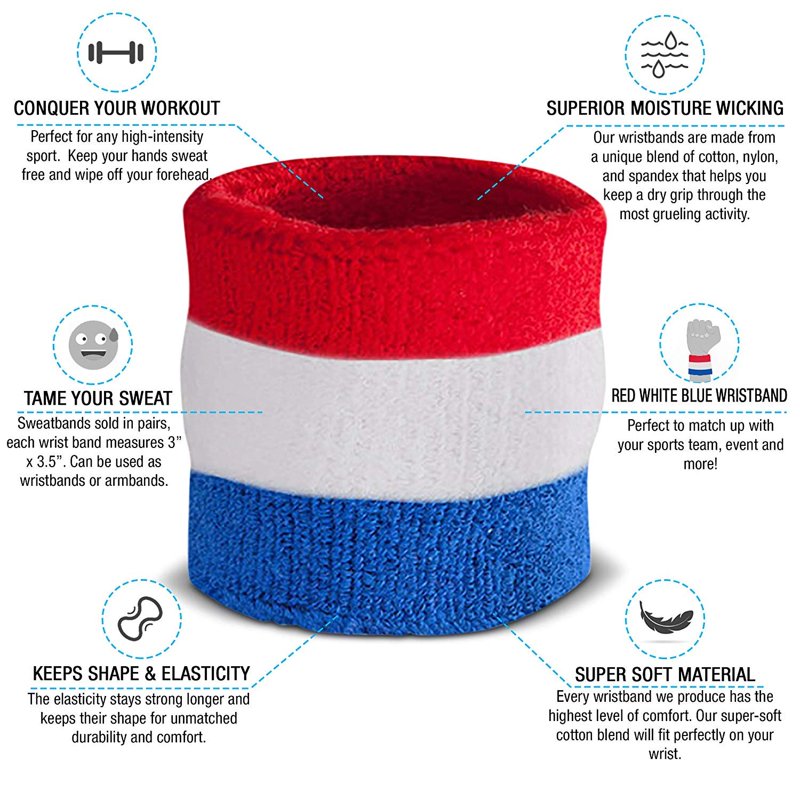 Sport Wristbands for Sports & Fitness - Moisture Wicking Cotton Blend, Red White Blue (Pair)