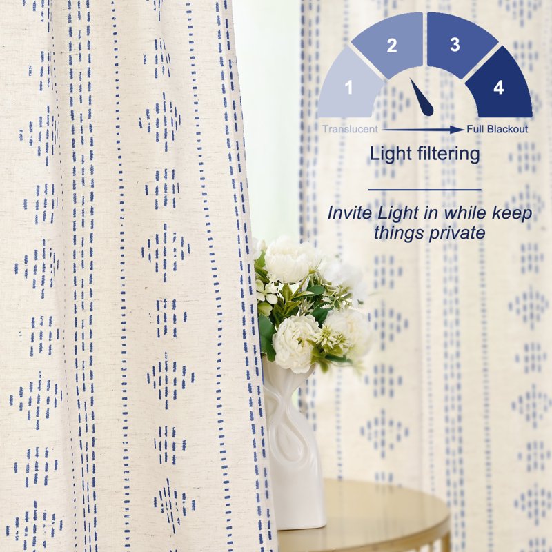 Boho Linen Window Curtains Set - Light Filtering Blue Geometric Stripes, 52x84 Inches, 2 Panels