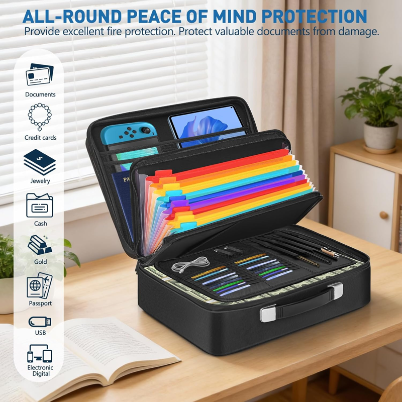 5200°F Fireproof Waterproof Document Safe Box with Lock - Large Capacity Organizer for Certificates Passports and Important Files - Black