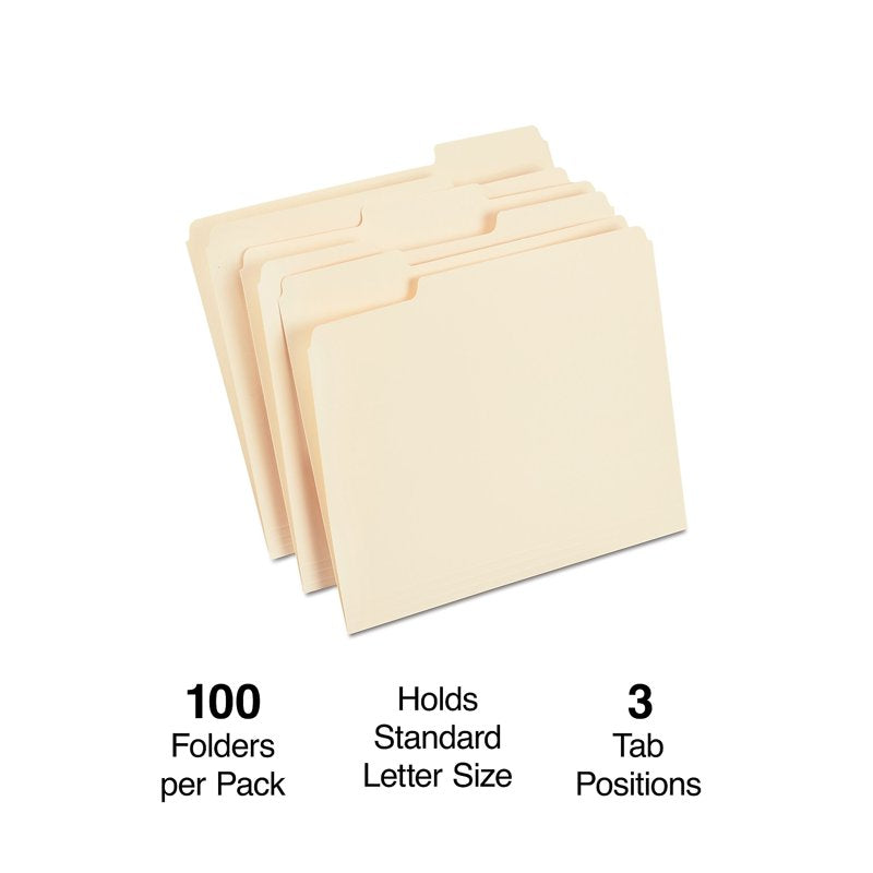Staples Manila File Folders Letter Size 3-Tab Assorted Position 100/Box