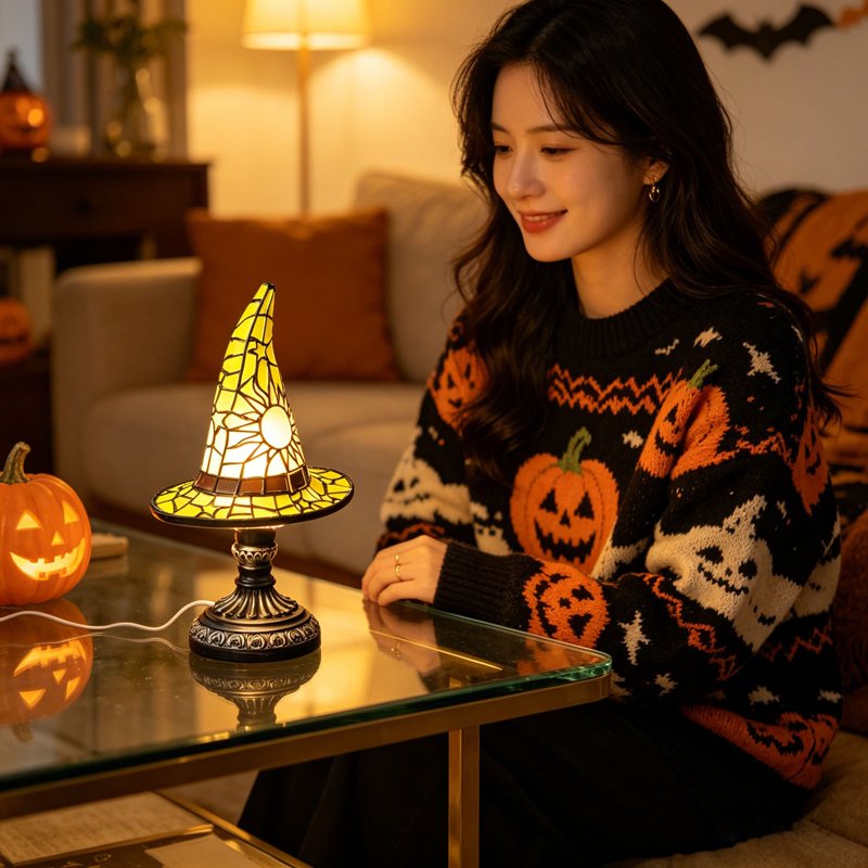 Table Lamp 7in Witch Hat LED Night Light USB Power — Stained Glass Gothic Halloween Decor (Variation: S(7in)I)