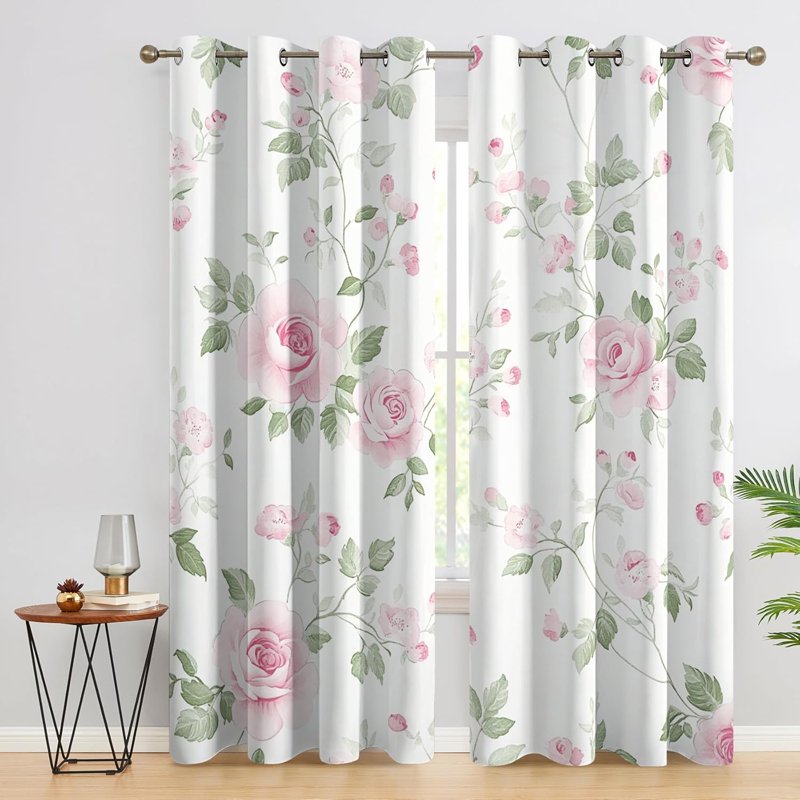 Blackout Curtain Panels for Bedroom & Living Room - Floral Pink Rose Design, Grommet Top, Multiple Sizes
