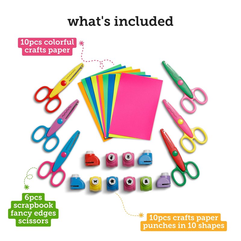 Decorative Edge Craft Scissors 6 Pack with 10 Paper Punches & Craft Papers