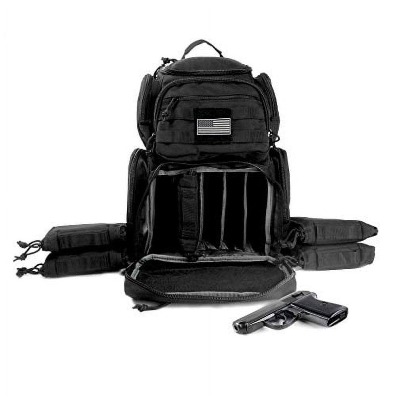Heavy Duty Range Backpack with Rain Cover - Tactical Shooting Bag, 900D Polyester, US Flag Patch, Black