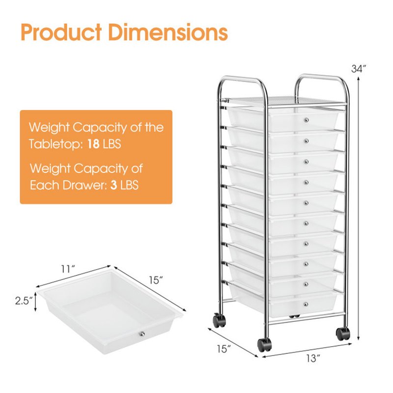 10-Drawer Rolling Storage Cart with Lockable Casters - Home Office & Craft Organizer