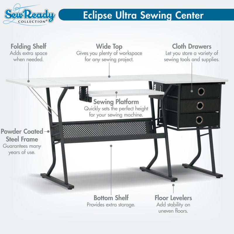 Adjustable Sewing Desk with Storage and Foldable Shelf - Black/White