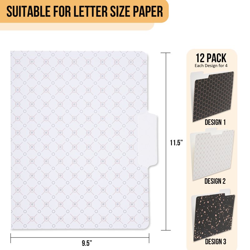 12 Pack Decorative Rose Gold File Folders Letter Size with Clear Tabs & Heavyweight Material
